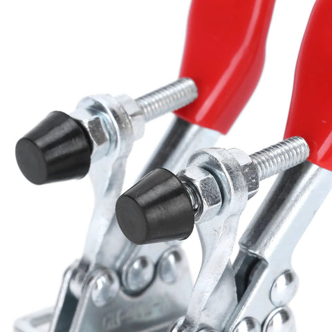 Close-up of 2 Pack Toggle Clamp Fixture Set With Quick Release Hold Down Clamps GH201A Nonslip Red Horizontal Mount 30kg holding