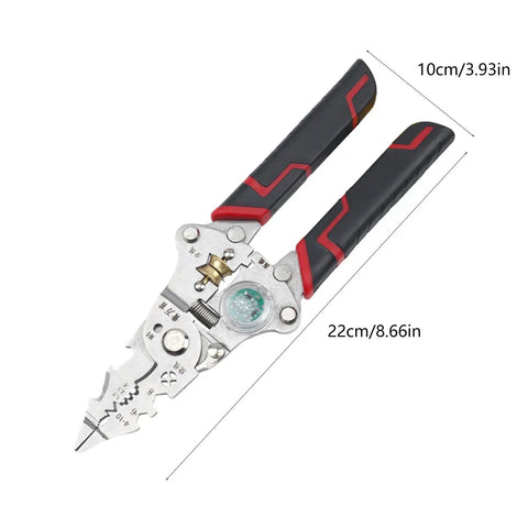 Heavy Duty Electrician Wire Stripper Tools With Built In Voltage Tester And Crimping Pliers ergonomic folding design, detailing alloy jaws and comfortable grip.
