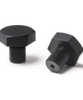 Six Piece Aluminum Hex Knob Set For Cabinets Black Brushed Finish With Single Hole Drawer Handles For Kitchen Cabinets Bathroom Dresser Shoe Wardrobe Hardware Upgrade Your Look With Grippy Comfort 1.18 Inch Diameter Rddconkit, close-up view of two hex knobs showing black brushed finish and threaded base.