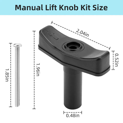 Manual Lift Roof Vent Knob Kit for 4000R 5000 RBT and 8000 Series, showing size dimensions of black finish knob and screw