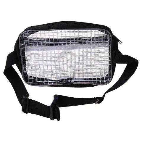 Straight Up Clear PVC Fanny Pack With Grid Pattern And Anti Static Build For Cleanroom Checks Featuring No Sweat Adjust Strap Multi Pocket Transparent Crossbody Tool Bag In Gray That Rolls Easy For On Site Carry, black adjustable strap and zippered section.