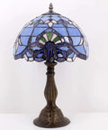 Blue Purple Tiffany Style Stained Glass Table Lamp 12x12x18 Inch With Lavender Hue Baroque Artwork Antique Green Bronze Base