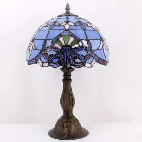 Blue Purple Tiffany Style Stained Glass Table Lamp 12x12x18 Inch With Lavender Hue Baroque Artwork Antique Green Bronze Base