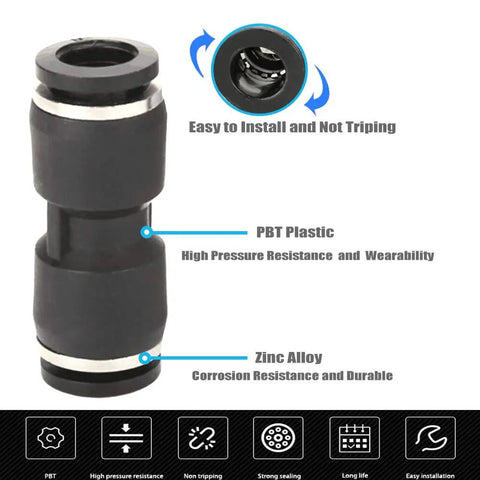 Push To Connect Pneumatic Fittings 1/2 Inch Quick Connector Union Straight shown with PBT and zinc details
