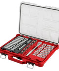 Total Badass 1/2 Inch Drive Ratchet Socket Set 47 Piece Complete in sturdy red tray with clear lid showing sockets and ratchet.