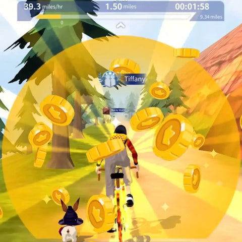 Virtual scene showing cyclist collecting coins in app for Indoor Cycling Sensor For Exercise Bike With Lifetime Free App Multiplayer Online Training Real Time Metrics Easy Install On Foldable Under Desk Mini Bike Roaming Scenes For Guided Home Gym Workouts.