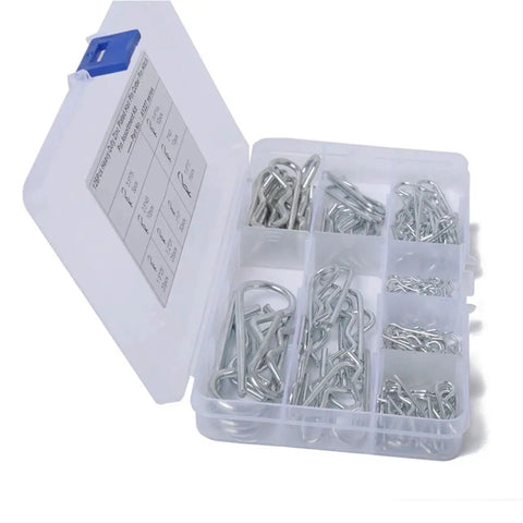 Cotter Pin Assortment Kit Six Box Set With Stainless Steel R Type Wave Latch Pins in opened storage box