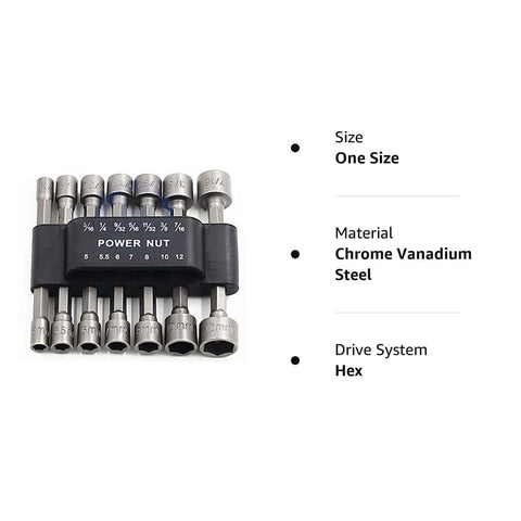Front view of 14-piece PANOVOS power nut driver set in black holder; chrome vanadium steel metric hex bits.