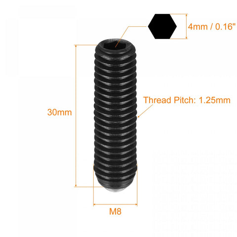 Ball Point Set Screws M8 X 30mm High Carbon Steel Spring Hex Socket Grub Screw 10 Pack with precise measurements diagram.