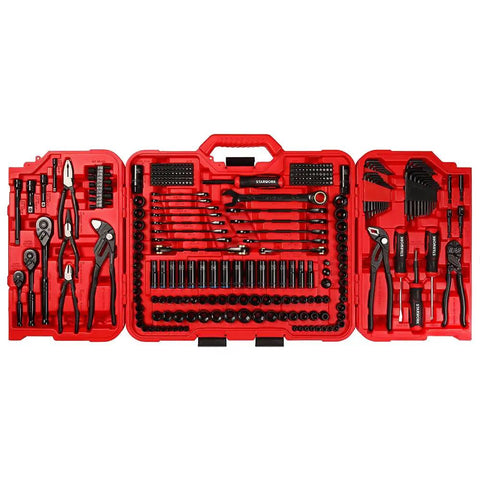 True Mechanic 312 Piece Tool Set With Ratchet And Socket System open case showing wrenches, pliers, sockets, and ratchet