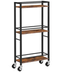 Slim Rolling Cart On Wheels For Small Spaces Mobile Kitchen Cart With Narrow Design Three Tier Wooden Service Cart For Bathroom Laundry Or Living Room Rustic Brown Finish With Open Shelves And Guard Rails For Secure Storage