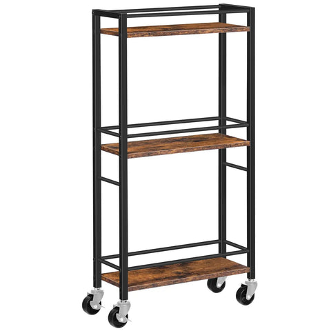 Slim Rolling Cart On Wheels For Small Spaces Mobile Kitchen Cart With Narrow Design Three Tier Wooden Service Cart For Bathroom Laundry Or Living Room Rustic Brown Finish With Open Shelves And Guard Rails For Secure Storage