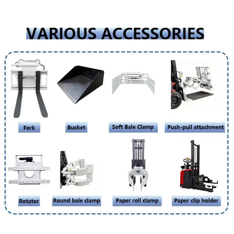 Various accessories for High Capacity Electric Side Loading Forklift For Seamless Warehouse Storage and Tough Construction Sites.