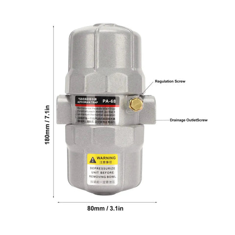Automatic Drain Valve For Pneumatic Systems With Built Tough Aluminum Alloy Body And Adjustable Drain Frequency shown with dimensions