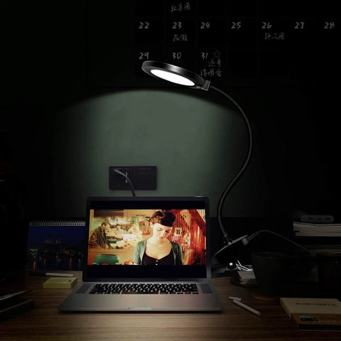 Clamp LED Desk Lamp With Flexible Gooseneck For Tight Corners And Nightstand, Three Lighting Modes And Three Brightness Levels on desk