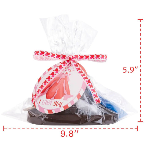 Clear bag with labeled volcano model from 24 Pack Erupting Volcano Science Kit With Valentines Cards For Kids, Hands-On STEM Projects.