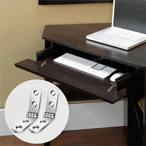 32 Pack 180 Degree Foldable Screw-On Hinge Flaps for Sewing Machine Cabinets and Furniture Doors shown with dark wood table
