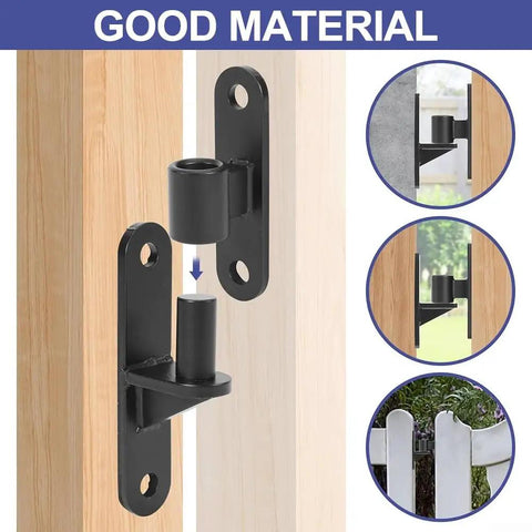 Premium Heavy Duty 304 Stainless Steel Gate Hinges 2 Pack Wall Mounted Rust Resistant Surface Mount Hardware For Fences Barns And Garage Doors No Sweat Setup showing installation on wood and metal posts with pre-drilled holes.