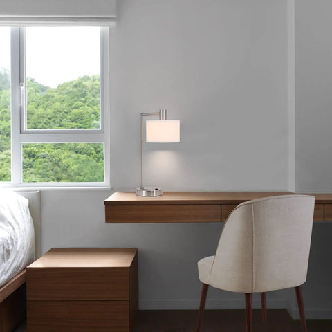 Lit Brushed Nickel USB Desk Lamp With White Fabric Shade Sleek Modern Bedside Light For Bedroom Living Room Or Office