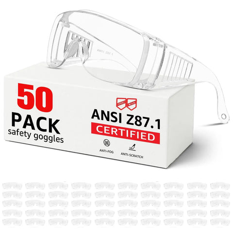 Over Eyeglasses Safety Goggles 50 Pack With Anti Fog And Anti Scratch Lenses, ANSI Z87.1 Certified, box of goggles