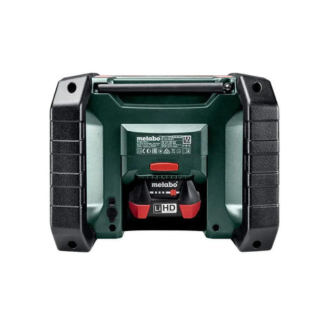 Back view of Hardworking Cordless Jobsite Radio With Bluetooth, AM FM, DSP Tuner, And Illuminated LCD Display, Runs On 12V To 18V.