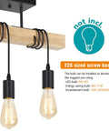 Close-up of Cozy Rustic Wood 3 Light Ceiling Light Fixture showing E26 base, black sockets, and rustic wood design.