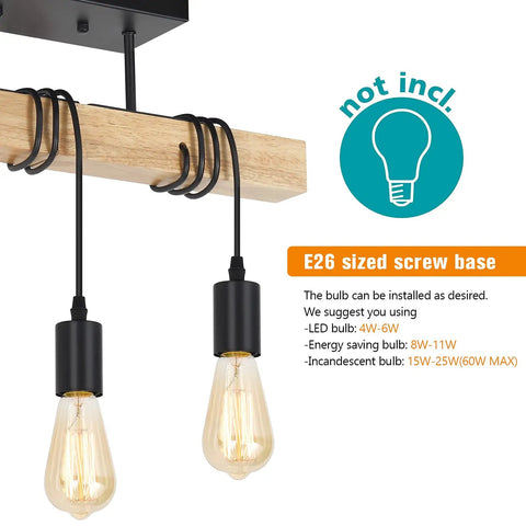 Close-up of Cozy Rustic Wood 3 Light Ceiling Light Fixture showing E26 base, black sockets, and rustic wood design.