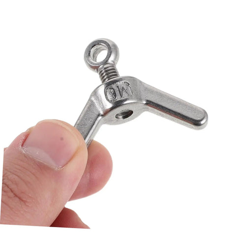 Close-up of Six Piece M6 Stainless Steel Flange Butterfly Screws Kit With Holes For Locking And Fixing Electronics And Machinery.