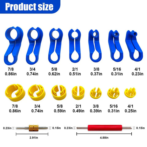 Pro-Grade Car AC Fuel Line Quick Disconnect Tool Kit With Seven Sizing Bits size chart with blue and yellow plastic tools