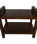 Teak Shower Bench With Shelf And LiftAide Arms For Safe Shower Mobility Adjustable Foot Pads Durable Solid Teak Bath Bathroom Bench With Drainage Slats Brown