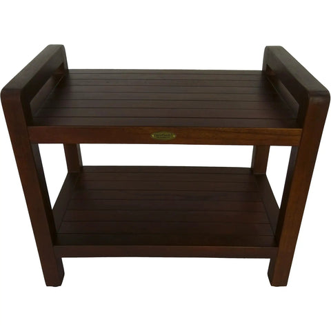 Teak Shower Bench With Shelf And LiftAide Arms For Safe Shower Mobility Adjustable Foot Pads Durable Solid Teak Bath Bathroom Bench With Drainage Slats Brown