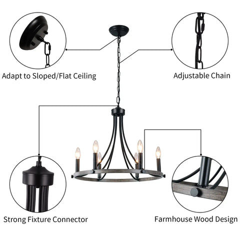 Wagon Wheel Round Chandelier Six Light Black Farmhouse Rustic Pendant Ceiling Light for Dining Room Living Room Foyer and Kitchen Island Cozy Vintage Vibe For Modern Homes with adjustable chain and farmhouse design.