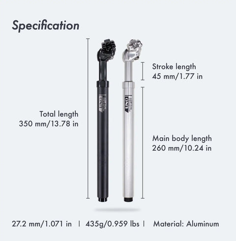 Suspension Seatpost With MDU Rubber Memory Damper For A Cushy Ride 45mm Travel Ultralight Aluminum Body, stroke length 45mm.