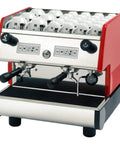 Double Group Programmable Espresso Machine With Digital Control And Press Forged Brass Groups In Bold Red Finish For Serious Brewers Nailing The Pull With Pro Level Precision, front view showing dual group heads.