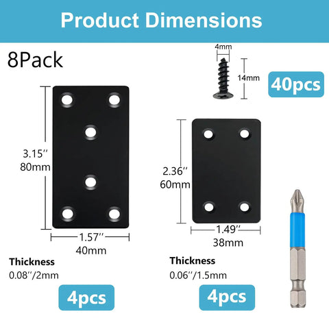 Product dimensions showing Tough As Nails Stainless Steel Mending Plates 8 Pack Heavy Duty Furniture Brackets and screws.