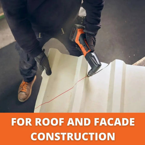 Cordless Nibbler For Roofs And Facades, Beast Pro Grade 17-Gauge Metal Cutting Tool being used on corrugated sheet
