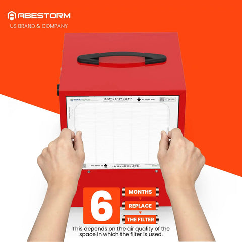 Hands installing Trightfilters MERV 13 Dust Collector Filter For DecDust 1050 And 1050IG Replacement 4 Pack into red unit