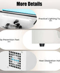 Close-up of Top Notch 500W Jewelry Bench Polisher with dust collector showing lighting tube, slip prevention feet, heat dissipation holes.