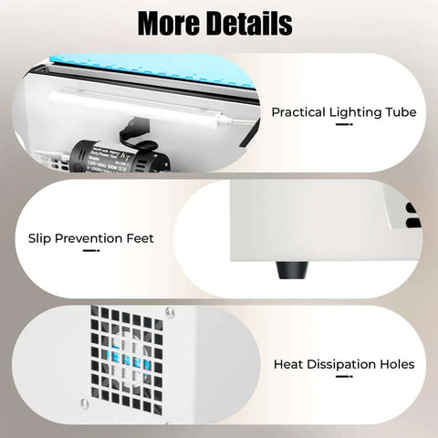 Close-up of Top Notch 500W Jewelry Bench Polisher with dust collector showing lighting tube, slip prevention feet, heat dissipation holes.