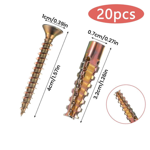 Close-up of 20 Pack Heavy Duty Cinder Block Anchors With Screws For Concrete Block Brick And Hollow Walls, showing dimensions.