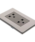 Heavy Duty Circular Wall Electrical Outlet With Stainless Steel Faceplate Six Hole Power Socket Straight Up, gray finish.