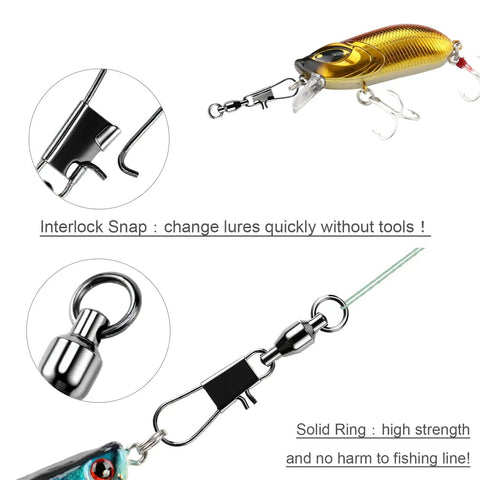 Saltwater Ball Bearing Snap Swivels Kit With Copper Alloy Body And Stainless Rings And Snaps, Beefy Heavy Duty Barrel Tackle Connectors, Black Nickel Finish, 25 Pcs, 23.7 Lb Break Strength shown with lure and fishing line