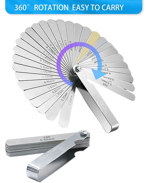 32-blade stainless steel feeler gauge set with dual metric/SAE markings and metal case
