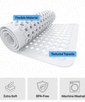Premium Non Slip Bath Mat With Power Traction Suction Cups That Stay Locked For Stable Bathtub Floor Liner Featuring Rapid Moisture Escape Panels And No Fuss Cleanup Style In Crisp White Dimension Thirty Five By Sixteen showcasing flexible material and textured surface.
