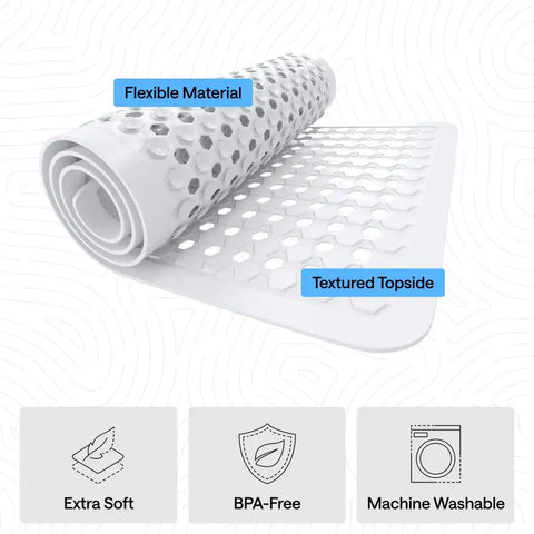 Premium Non Slip Bath Mat With Power Traction Suction Cups That Stay Locked For Stable Bathtub Floor Liner Featuring Rapid Moisture Escape Panels And No Fuss Cleanup Style In Crisp White Dimension Thirty Five By Sixteen showcasing flexible material and textured surface.