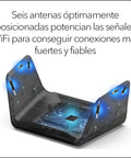 Tri Band WiFi 6E Router With 6GHz Band For Ultra Fast Gaming And 4K 8K Streaming, AXE7800 with six antennas glowing