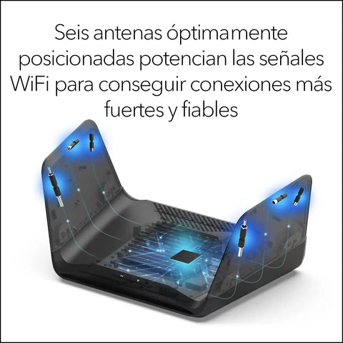 Tri Band WiFi 6E Router With 6GHz Band For Ultra Fast Gaming And 4K 8K Streaming, AXE7800 with six antennas glowing