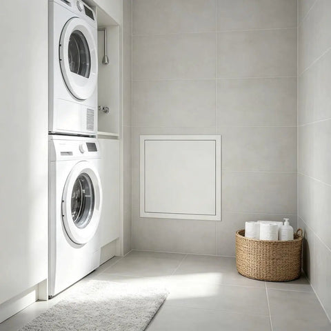 Heavy Duty Steel Access Panel For Drywall With Sleek Flush Mount Design No Sweat Push To Open next to washing machine in modern laundry.