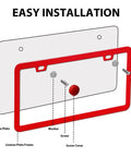 2 Pack Aluminum License Plate Frame For Cars And Trucks Dope Rust Proof Front And Rear Holder Cover Weatherproof Metal Tag Frame Durable Anti Corrosion Easy Install Red, showing easy installation diagram with frame, screws, and washers.
