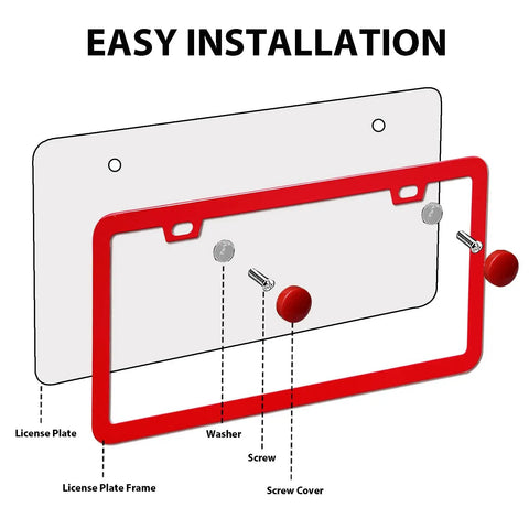 2 Pack Aluminum License Plate Frame For Cars And Trucks Dope Rust Proof Front And Rear Holder Cover Weatherproof Metal Tag Frame Durable Anti Corrosion Easy Install Red, showing easy installation diagram with frame, screws, and washers.